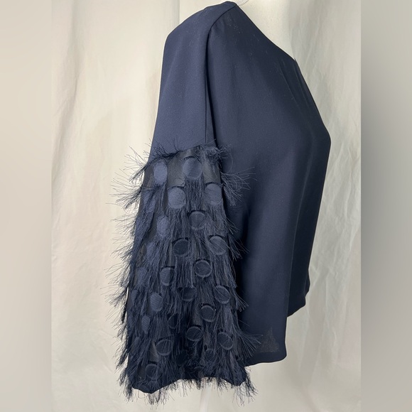 H&M Classy Feminine Summer Feather Shoulder Dark Blue See-Through Blouse - Picture 8 of 10